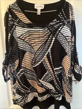 Joseph Ribkoff Black, Beige and White - Pleat-like -Embellished Printed Top